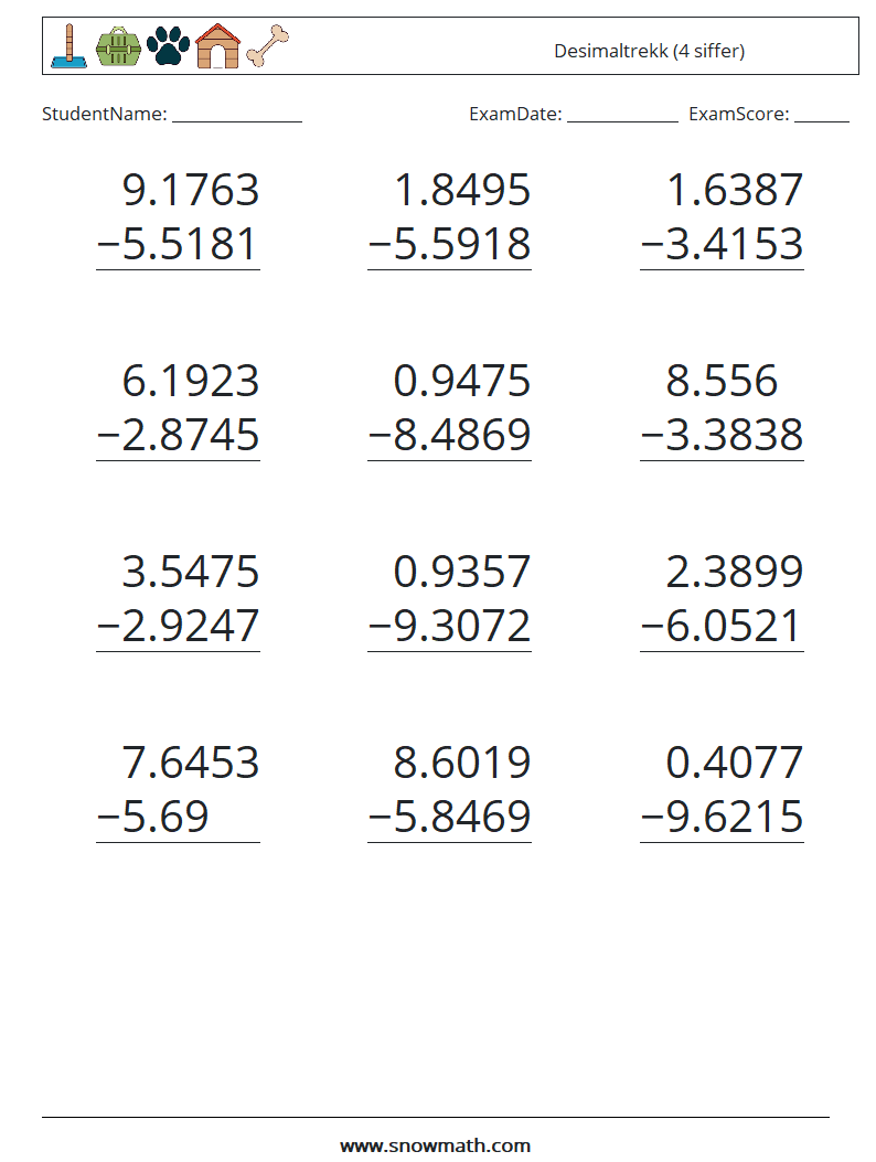 (12) Desimaltrekk (4 siffer) MathWorksheets 12