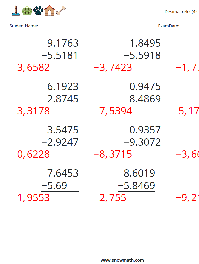 (12) Desimaltrekk (4 siffer) MathWorksheets 12 QuestionAnswer