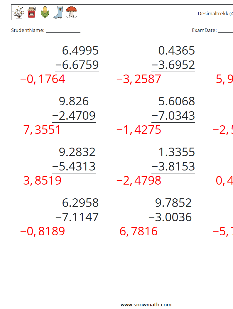 (12) Desimaltrekk (4 siffer) MathWorksheets 13 QuestionAnswer