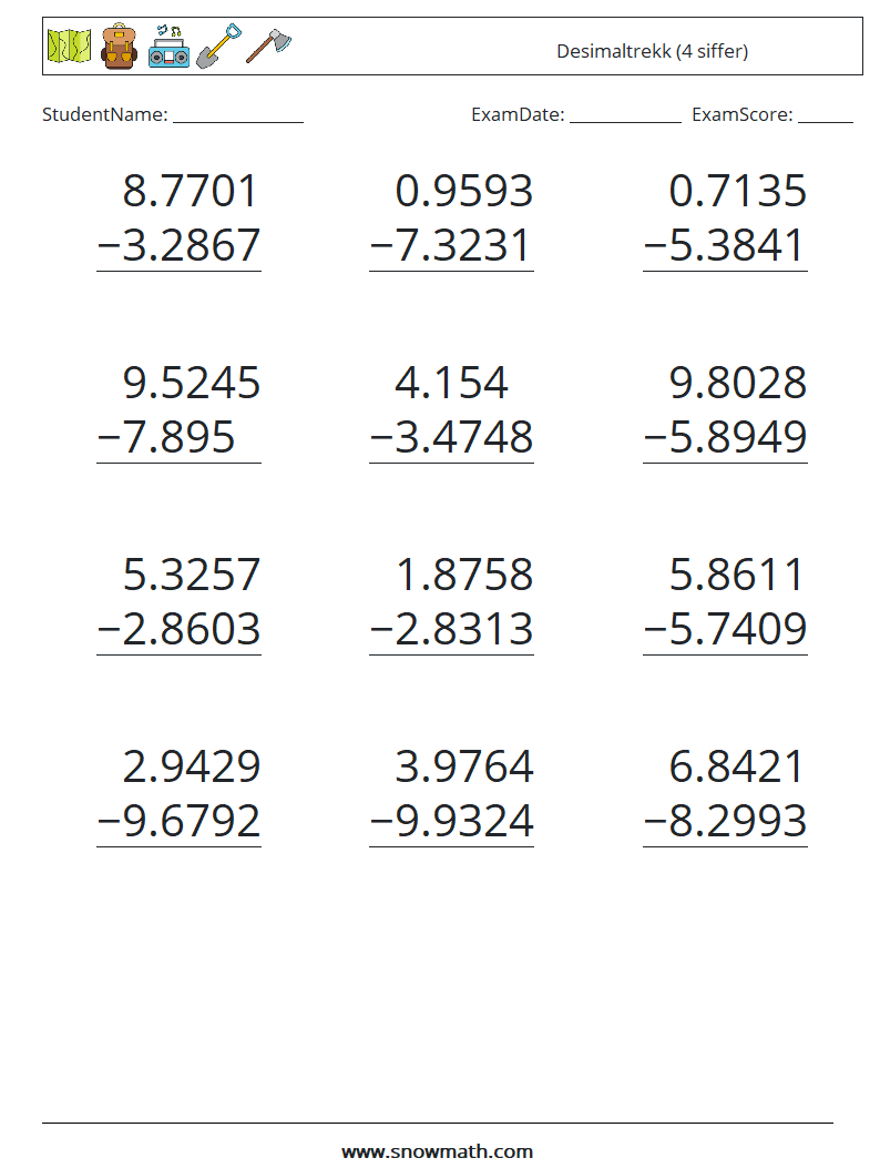 (12) Desimaltrekk (4 siffer) MathWorksheets 14