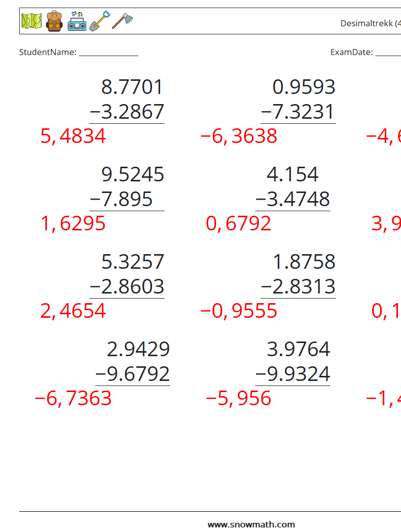 (12) Desimaltrekk (4 siffer) MathWorksheets 14 QuestionAnswer