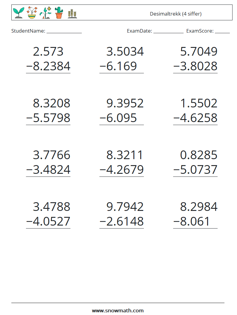 (12) Desimaltrekk (4 siffer) MathWorksheets 15