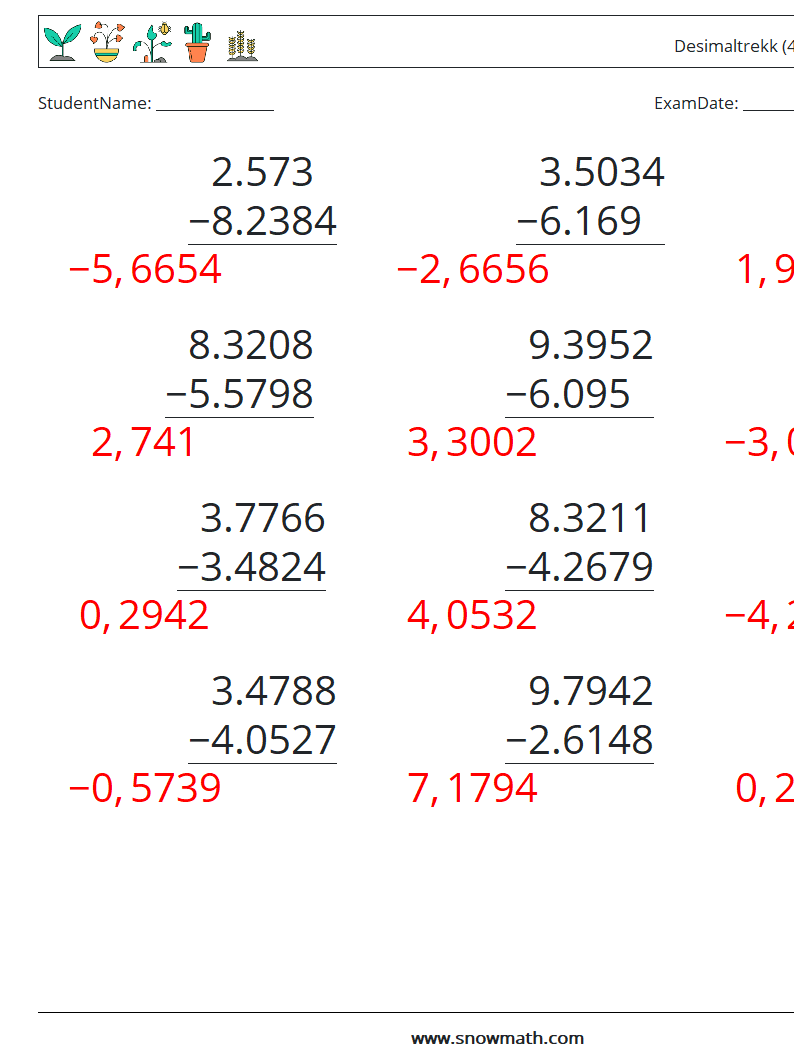 (12) Desimaltrekk (4 siffer) MathWorksheets 15 QuestionAnswer