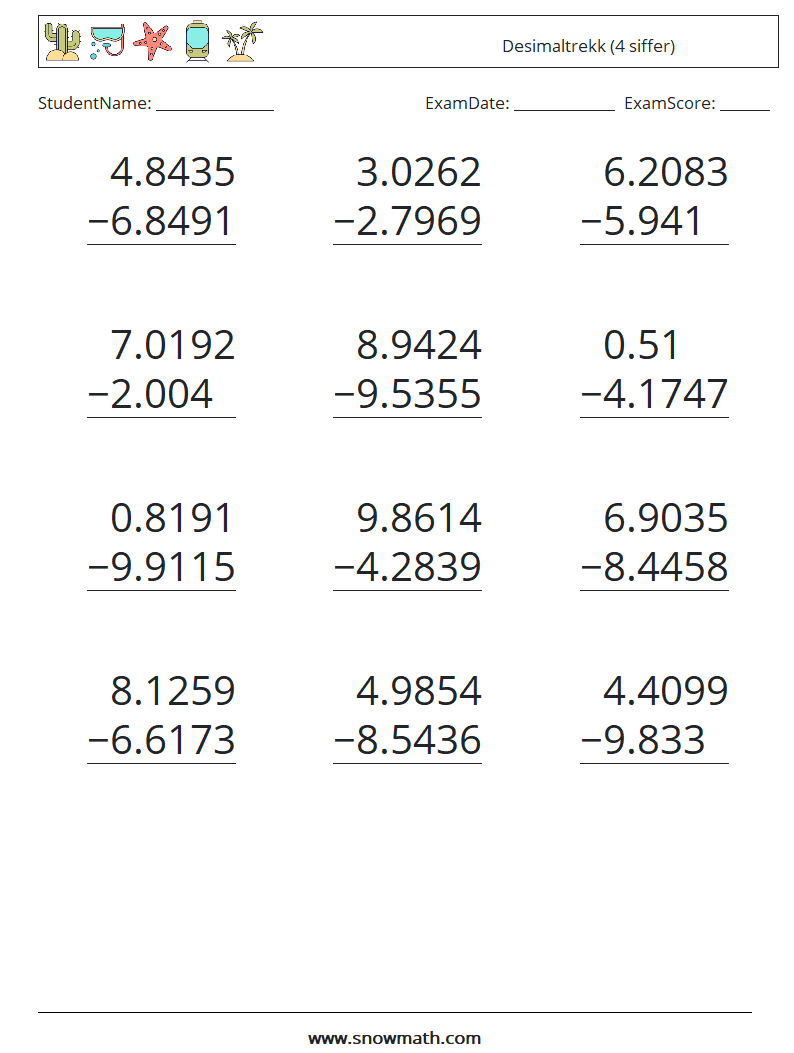 (12) Desimaltrekk (4 siffer) MathWorksheets 16