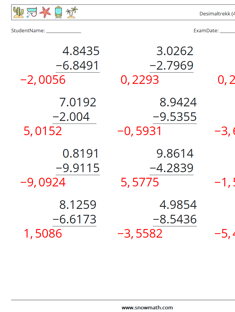 (12) Desimaltrekk (4 siffer) MathWorksheets 16 QuestionAnswer