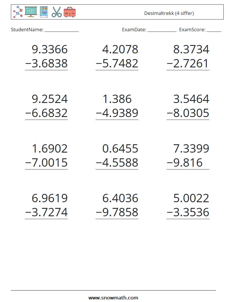 (12) Desimaltrekk (4 siffer) MathWorksheets 17