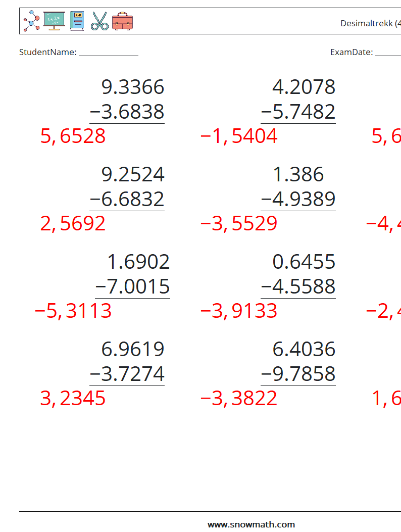 (12) Desimaltrekk (4 siffer) MathWorksheets 17 QuestionAnswer