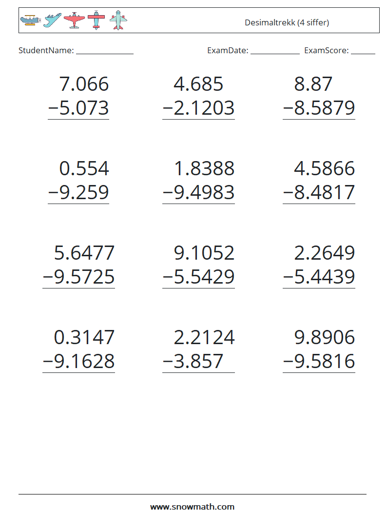 (12) Desimaltrekk (4 siffer) MathWorksheets 18