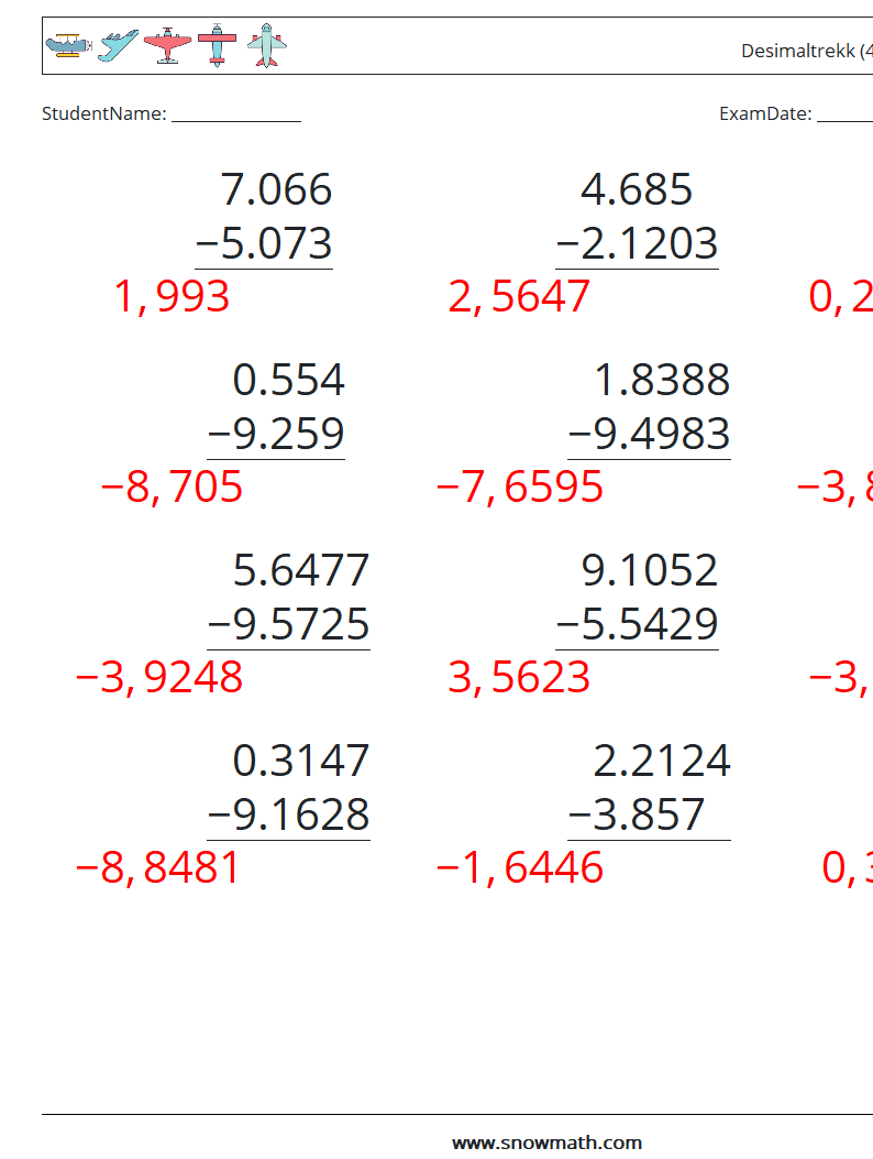 (12) Desimaltrekk (4 siffer) MathWorksheets 18 QuestionAnswer