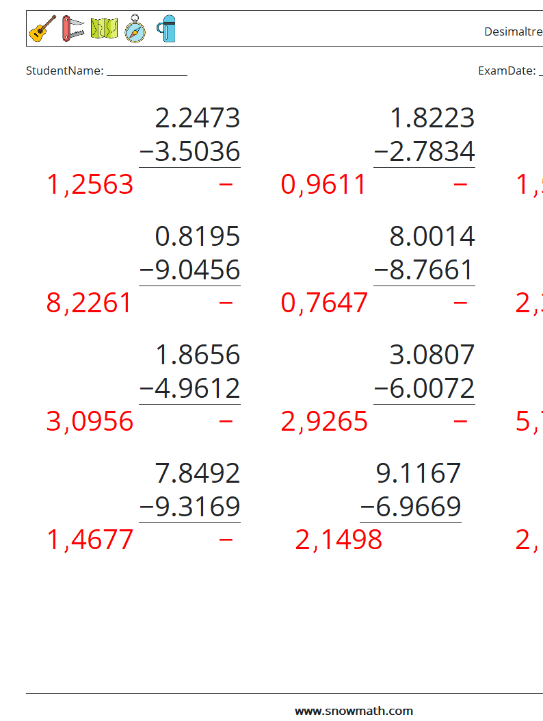 (12) Desimaltrekk (4 siffer) MathWorksheets 1 QuestionAnswer