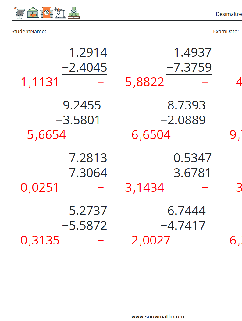 (12) Desimaltrekk (4 siffer) MathWorksheets 2 QuestionAnswer