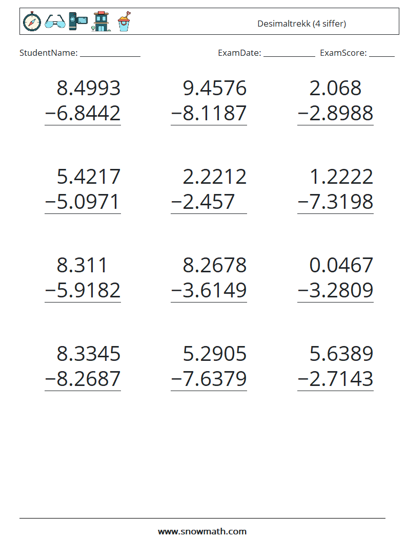 (12) Desimaltrekk (4 siffer) MathWorksheets 3