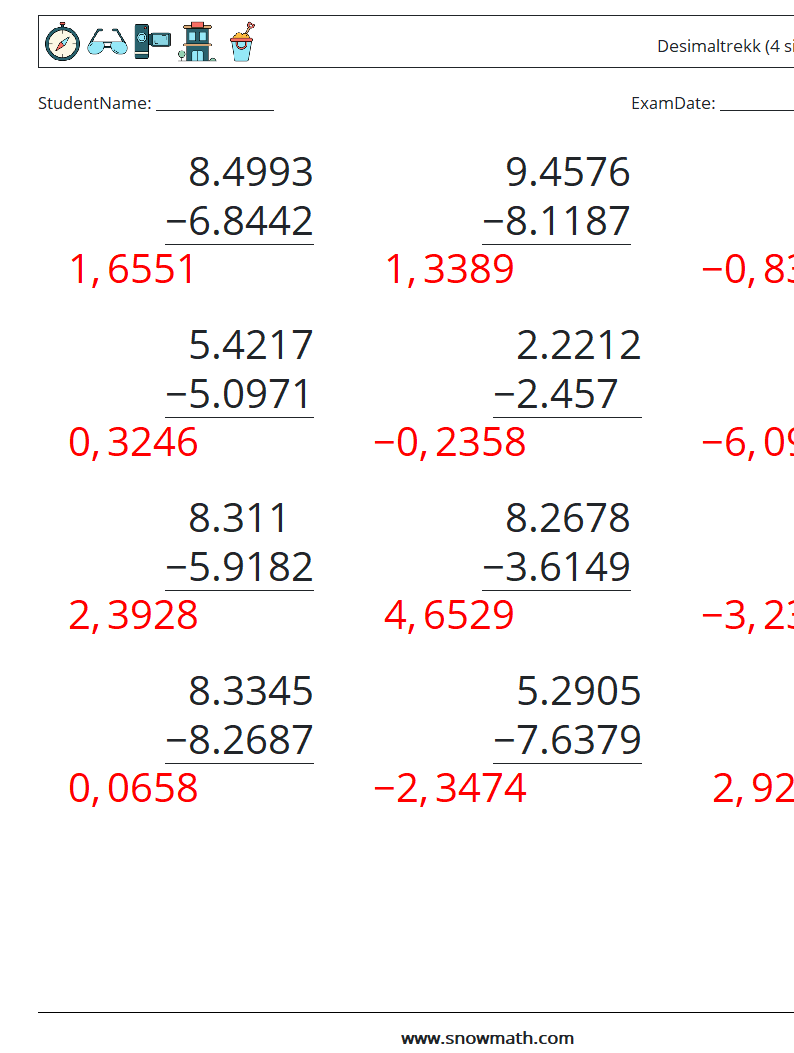 (12) Desimaltrekk (4 siffer) MathWorksheets 3 QuestionAnswer