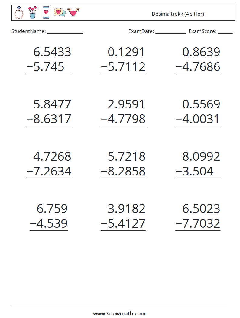 (12) Desimaltrekk (4 siffer) MathWorksheets 4