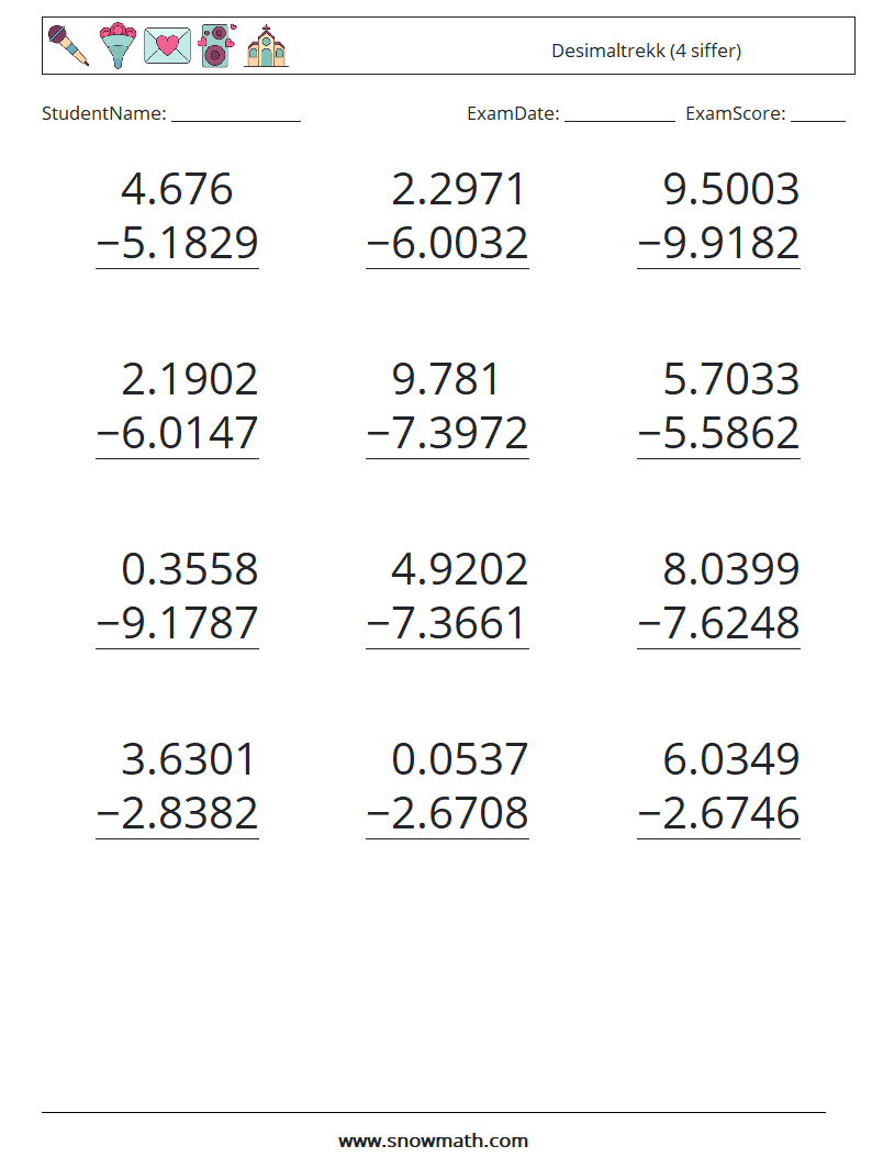 (12) Desimaltrekk (4 siffer) MathWorksheets 5