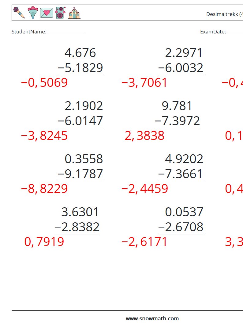 (12) Desimaltrekk (4 siffer) MathWorksheets 5 QuestionAnswer