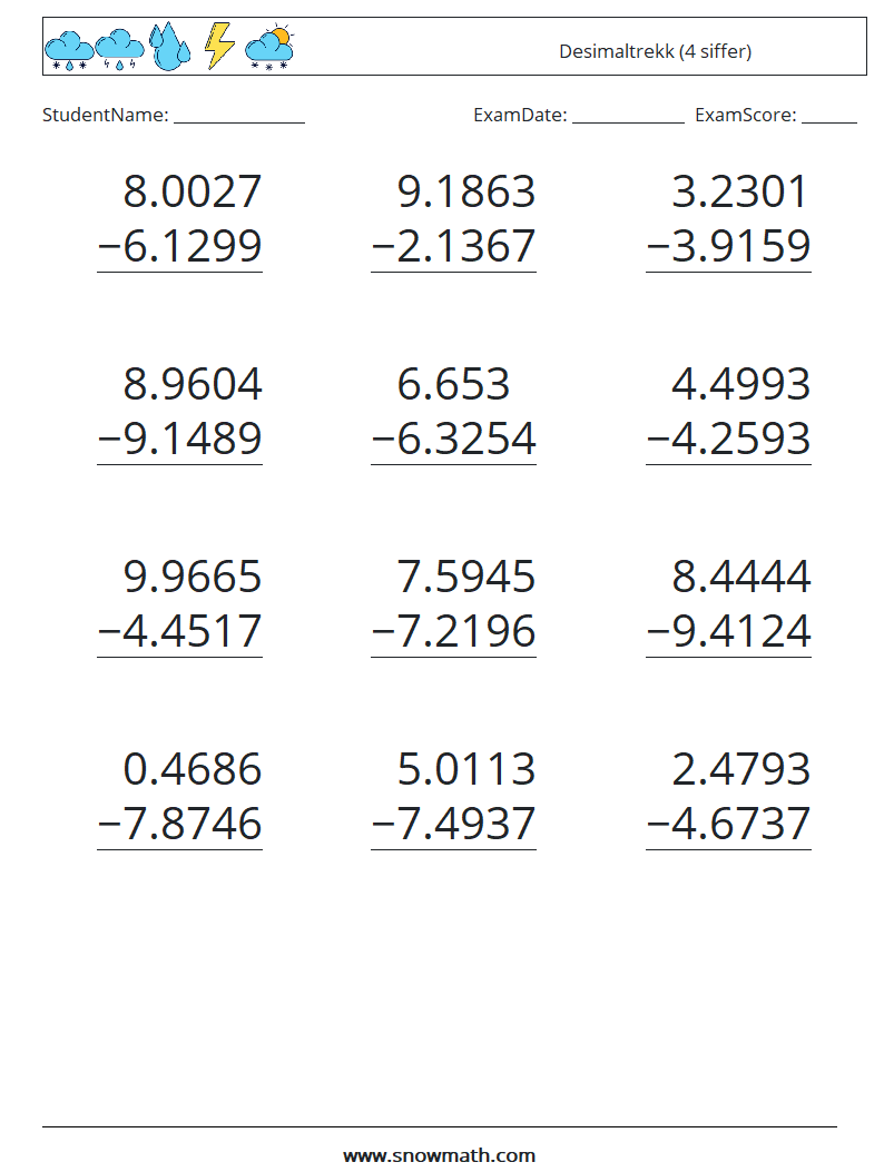 (12) Desimaltrekk (4 siffer) MathWorksheets 6