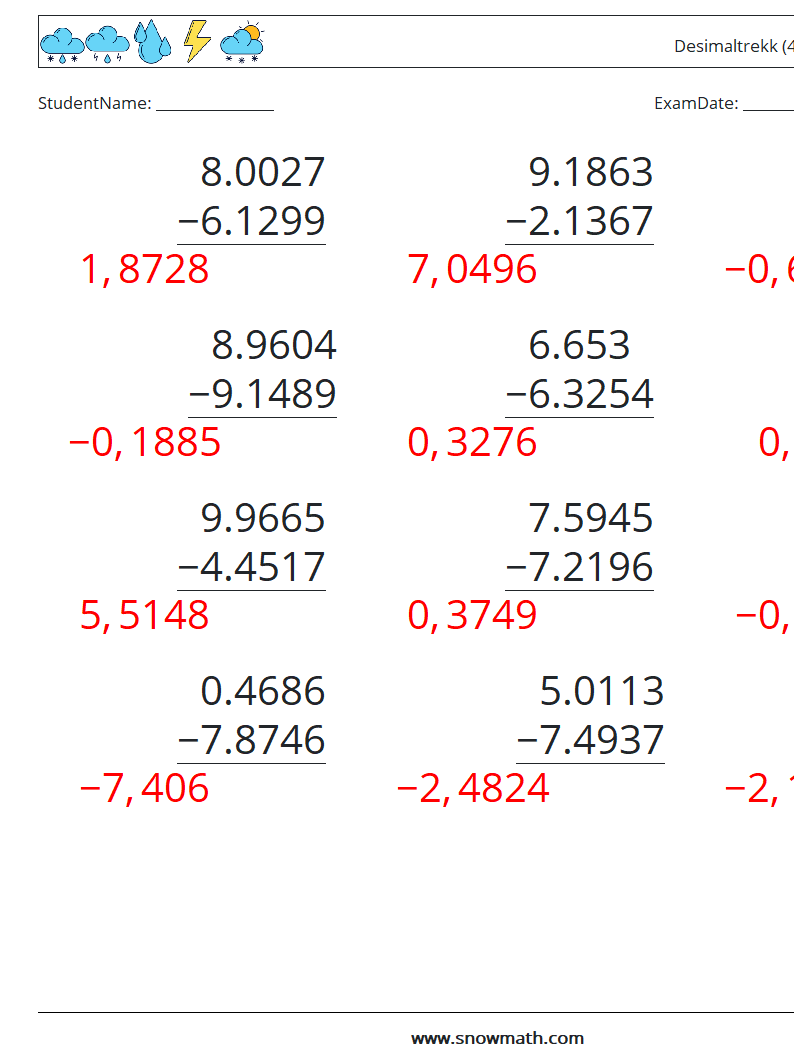 (12) Desimaltrekk (4 siffer) MathWorksheets 6 QuestionAnswer