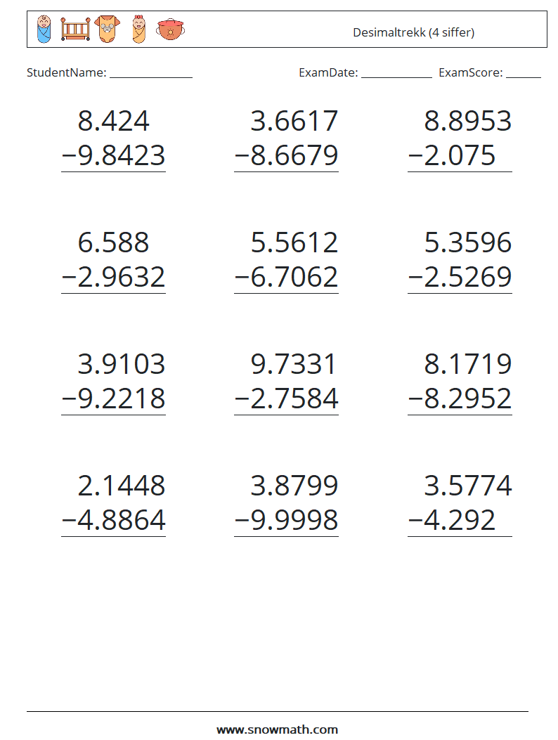 (12) Desimaltrekk (4 siffer) MathWorksheets 7