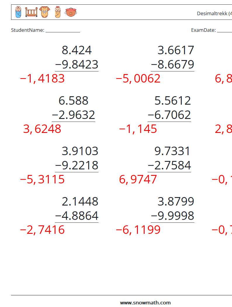 (12) Desimaltrekk (4 siffer) MathWorksheets 7 QuestionAnswer