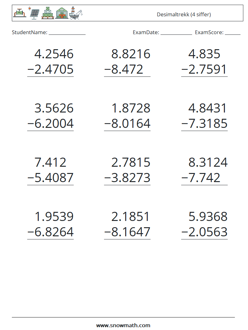 (12) Desimaltrekk (4 siffer) MathWorksheets 8