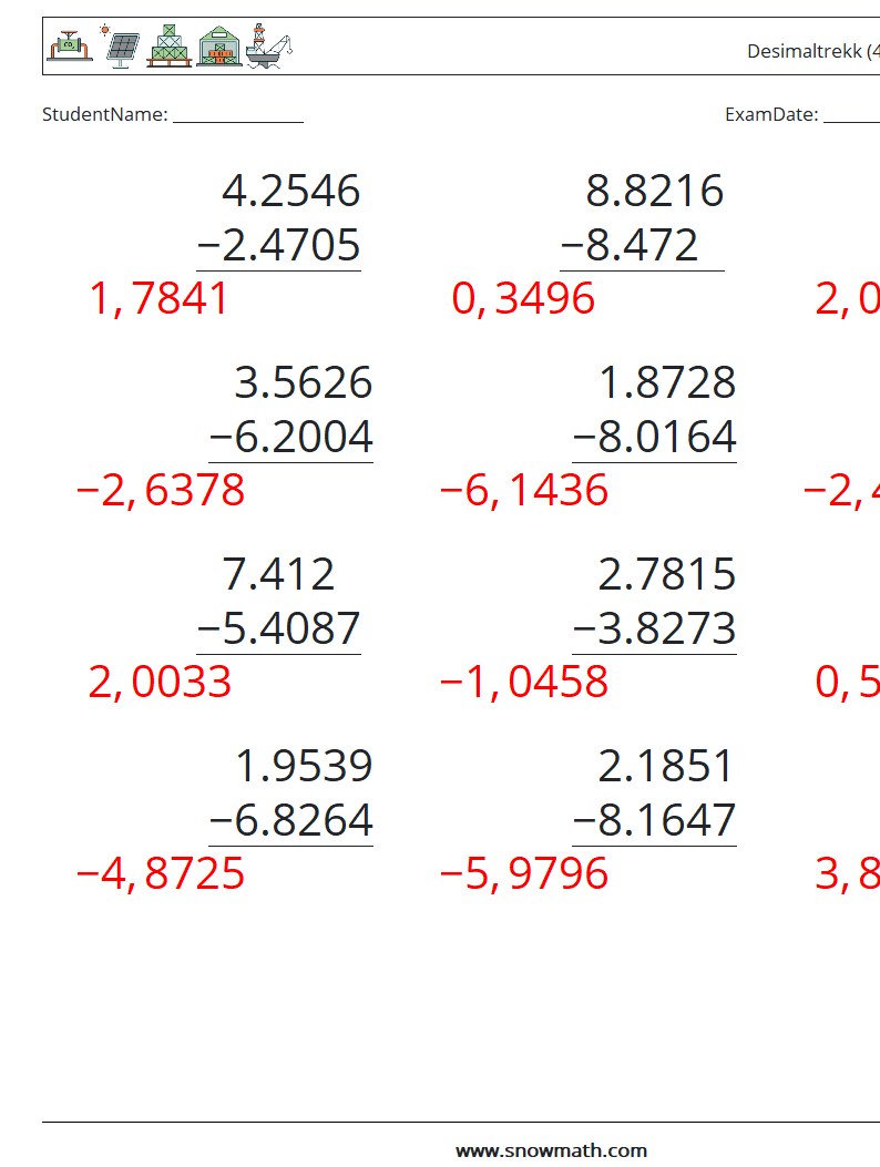 (12) Desimaltrekk (4 siffer) MathWorksheets 8 QuestionAnswer