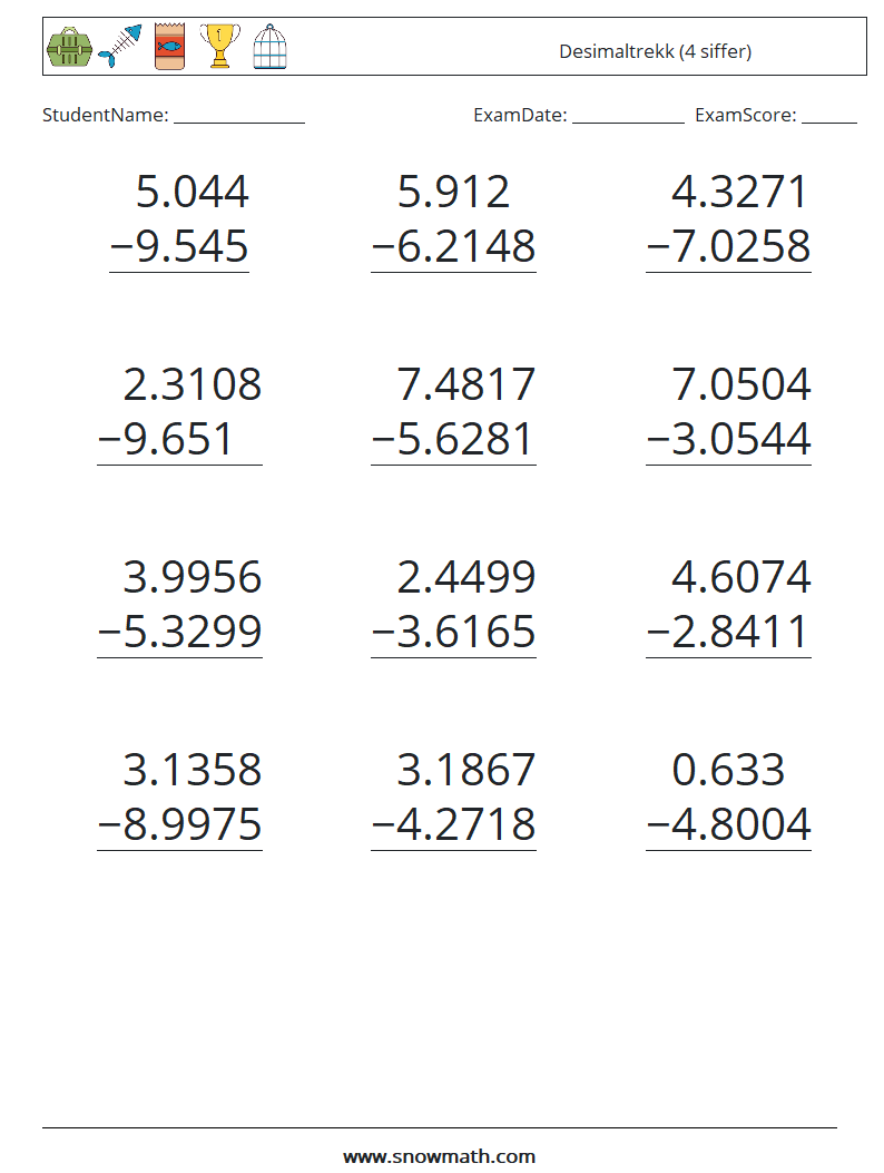 (12) Desimaltrekk (4 siffer) MathWorksheets 9