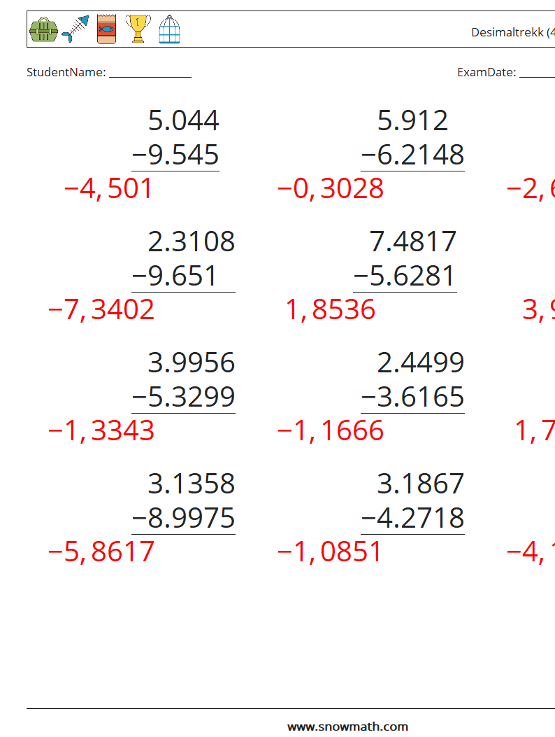 (12) Desimaltrekk (4 siffer) MathWorksheets 9 QuestionAnswer