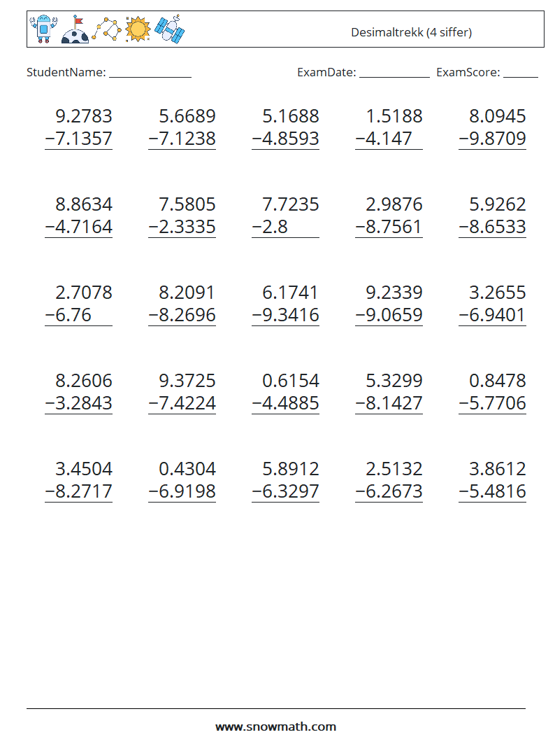 (25) Desimaltrekk (4 siffer) MathWorksheets 11