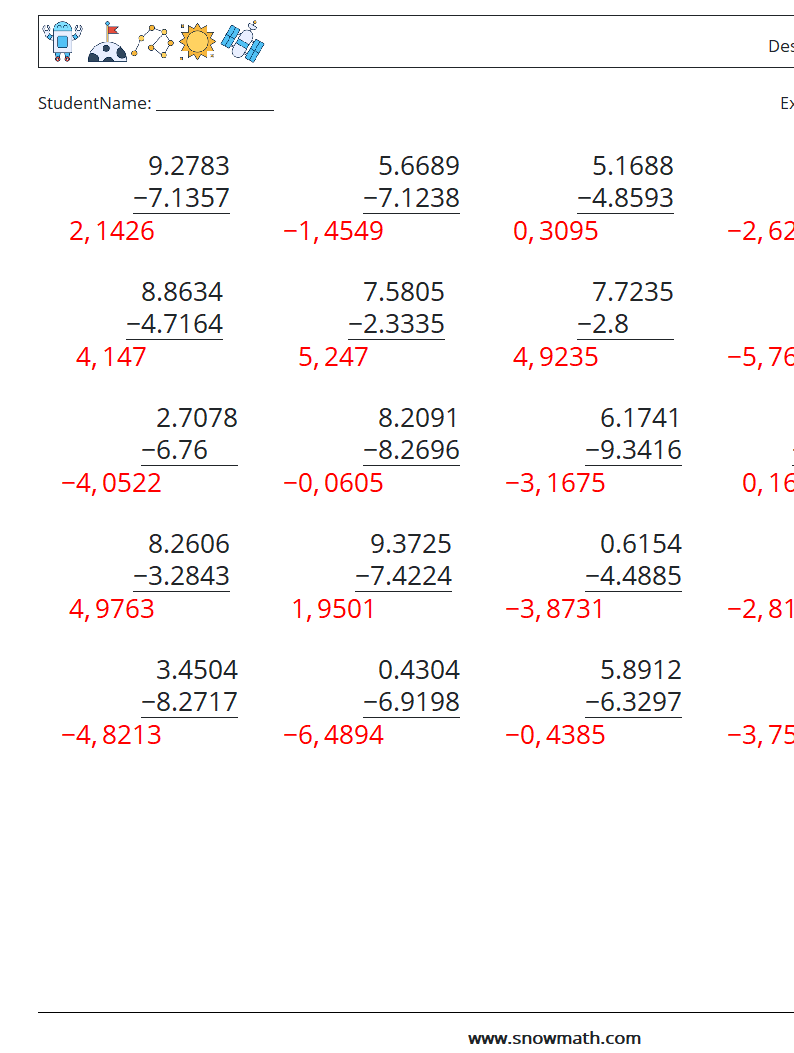 (25) Desimaltrekk (4 siffer) MathWorksheets 11 QuestionAnswer