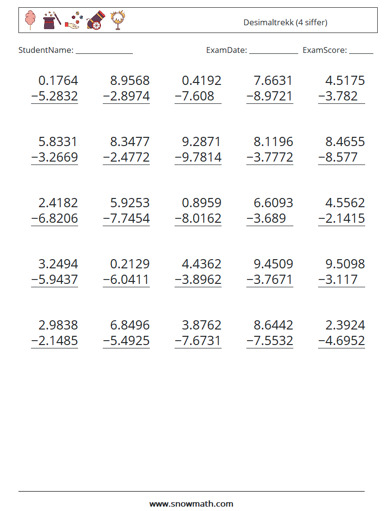 (25) Desimaltrekk (4 siffer) MathWorksheets 12