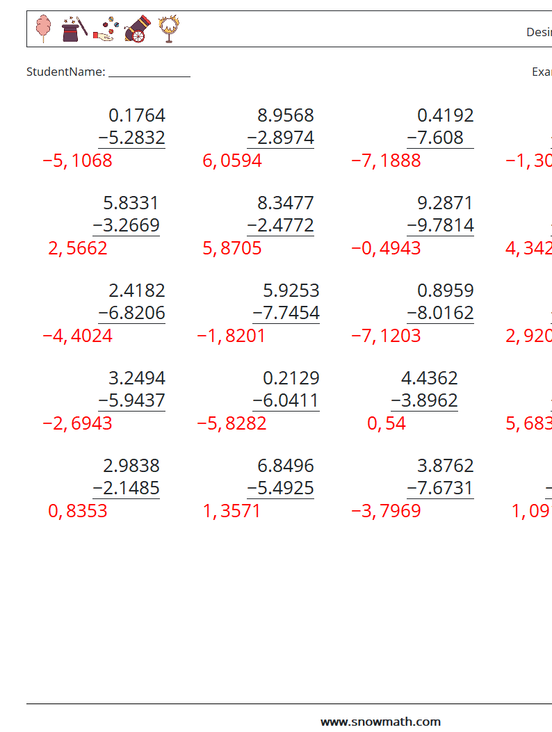 (25) Desimaltrekk (4 siffer) MathWorksheets 12 QuestionAnswer