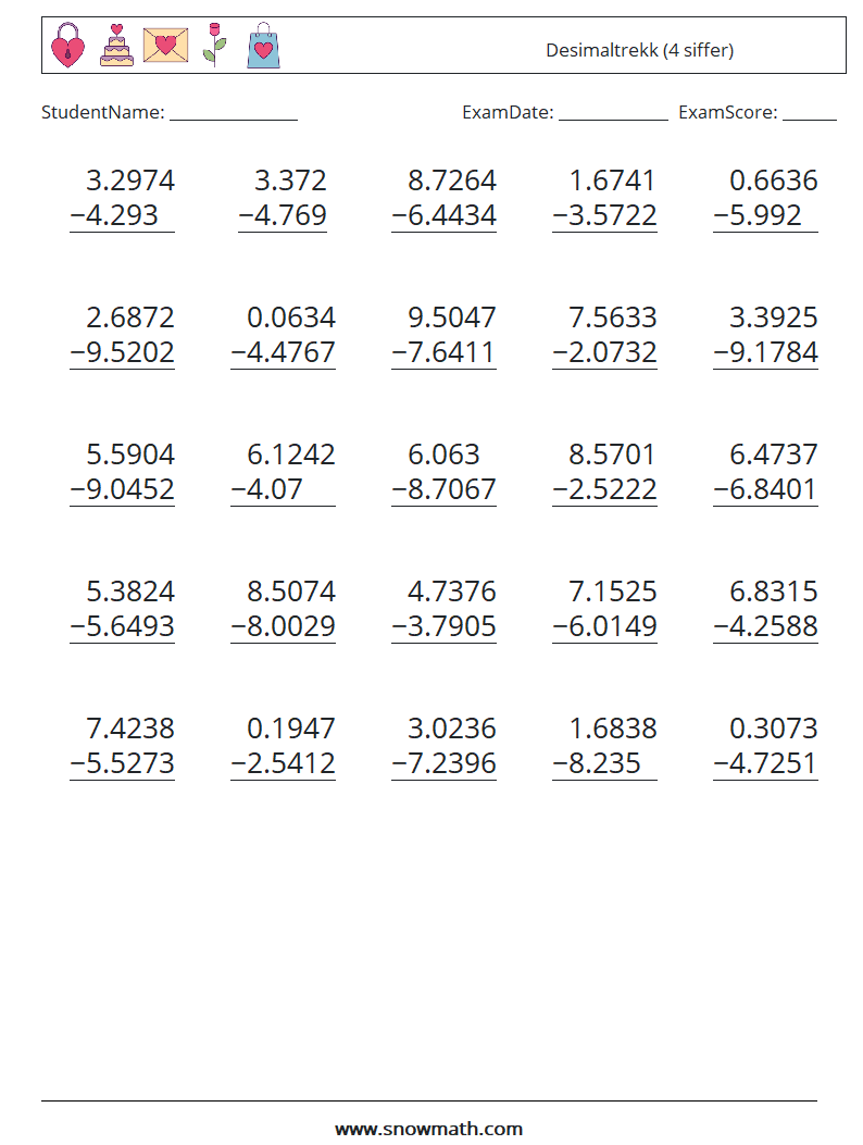 (25) Desimaltrekk (4 siffer) MathWorksheets 13