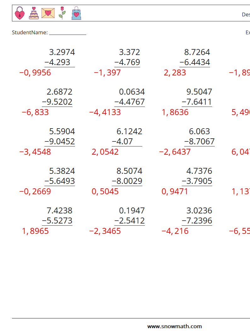 (25) Desimaltrekk (4 siffer) MathWorksheets 13 QuestionAnswer