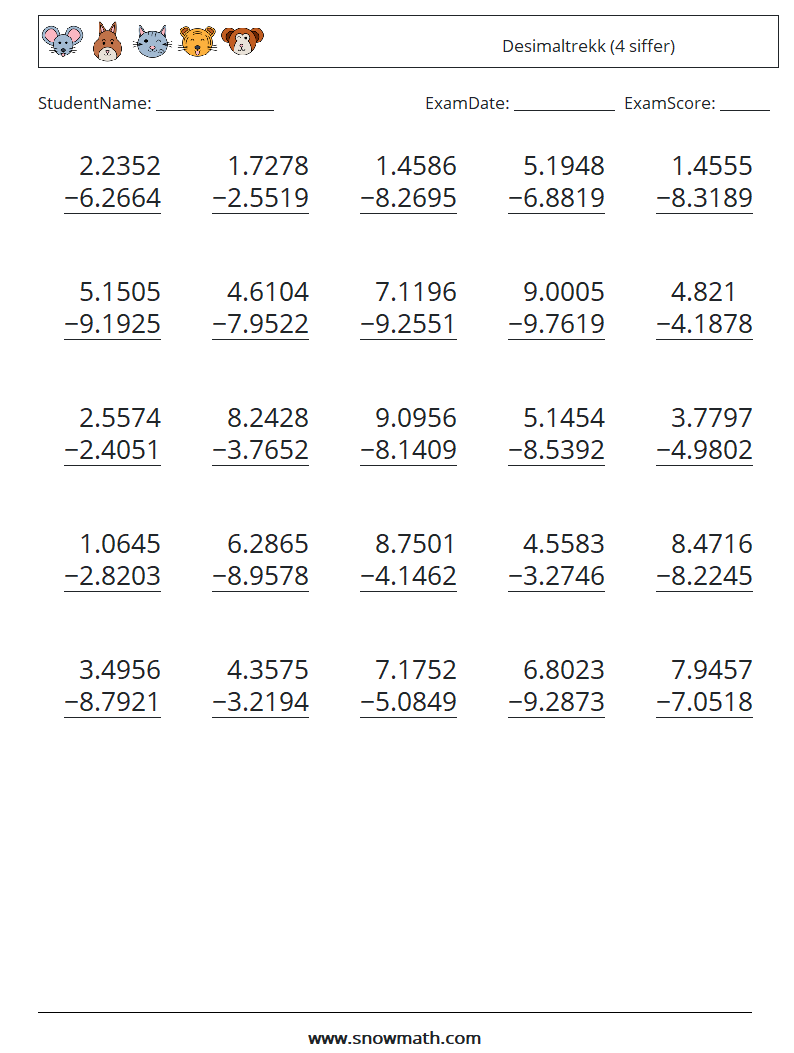 (25) Desimaltrekk (4 siffer) MathWorksheets 14