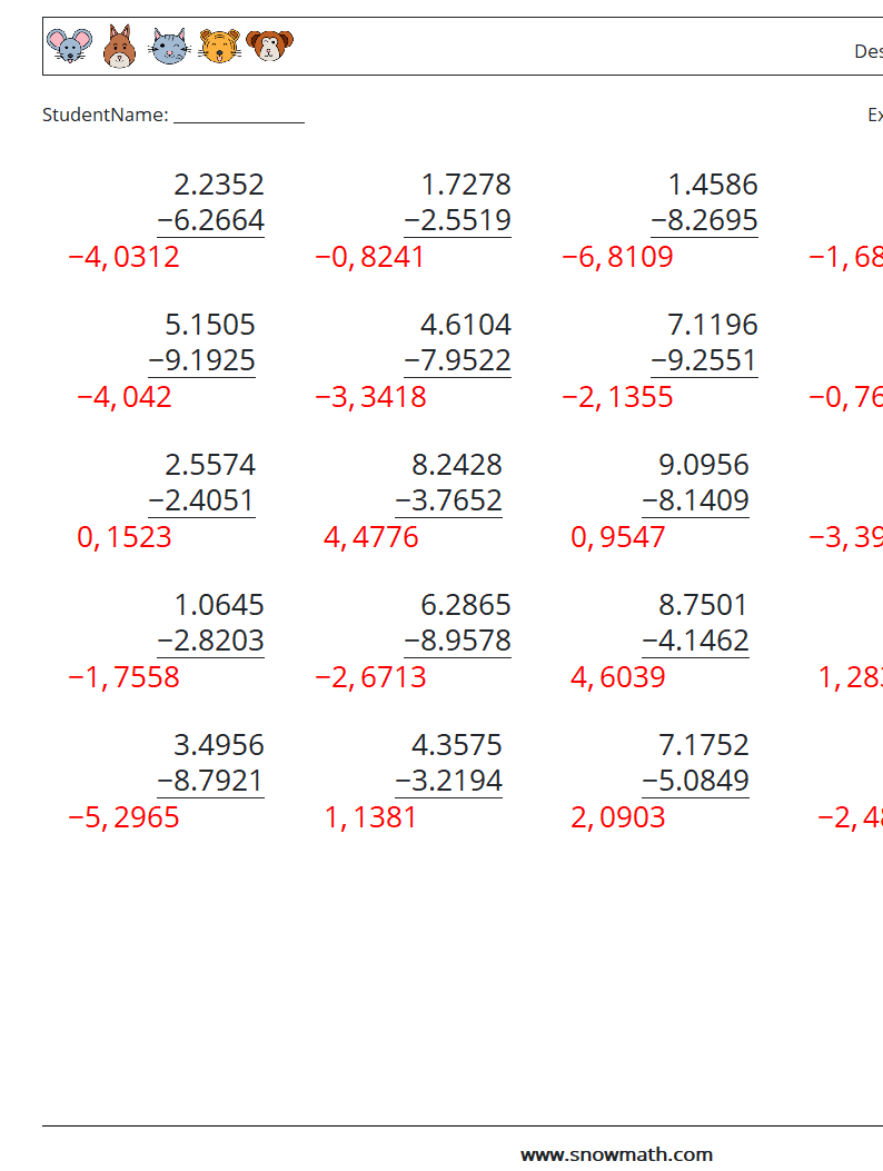 (25) Desimaltrekk (4 siffer) MathWorksheets 14 QuestionAnswer