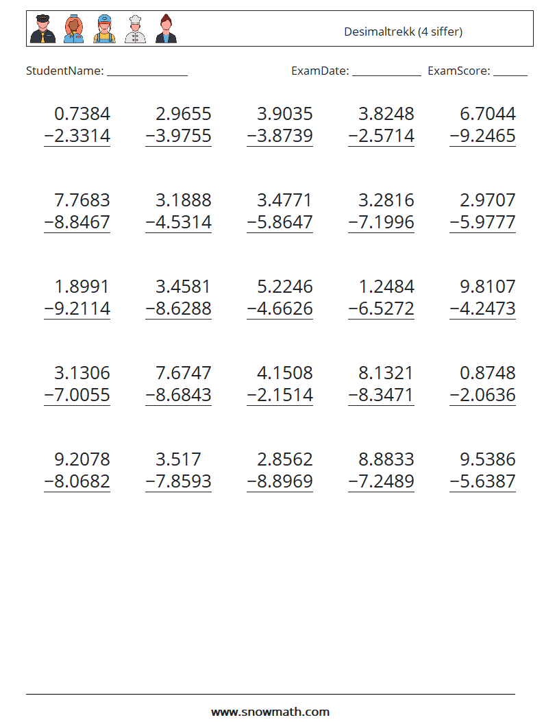 (25) Desimaltrekk (4 siffer) MathWorksheets 15