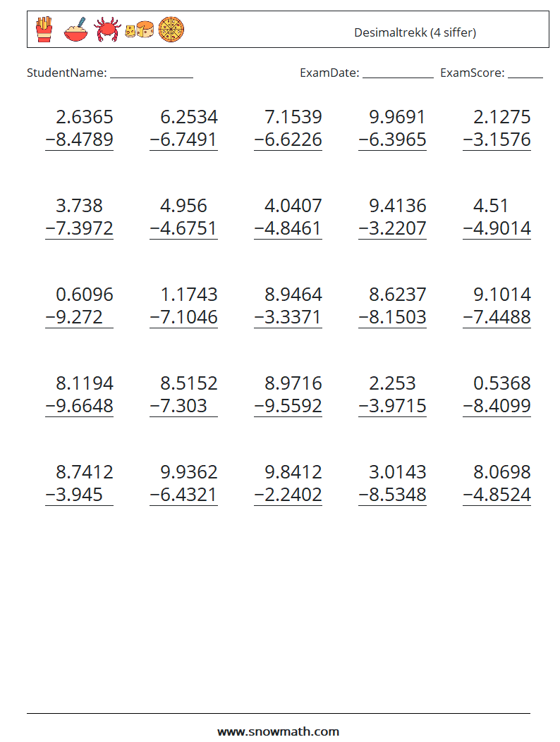 (25) Desimaltrekk (4 siffer) MathWorksheets 16