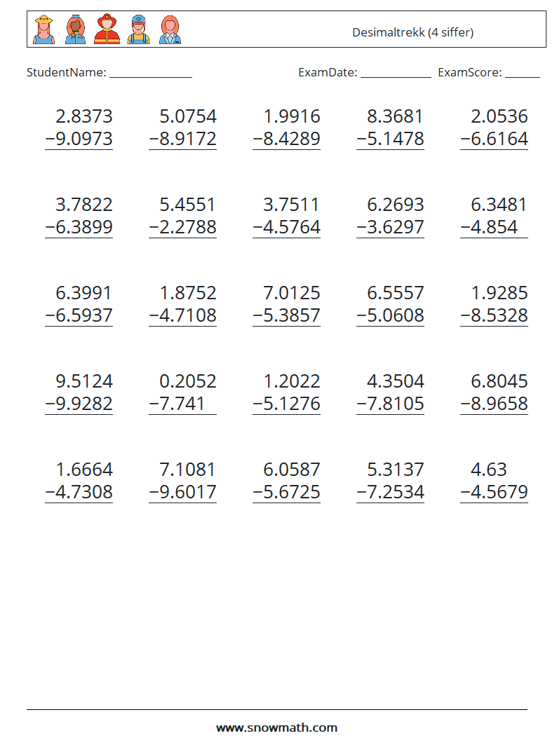 (25) Desimaltrekk (4 siffer) MathWorksheets 17