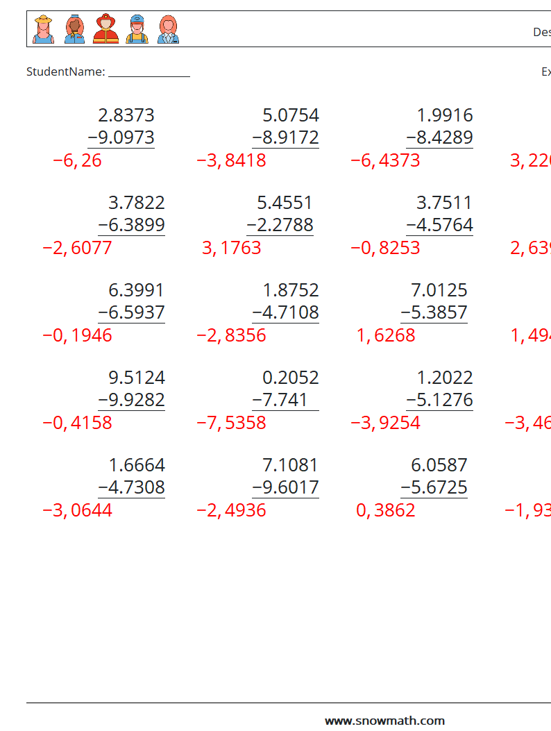 (25) Desimaltrekk (4 siffer) MathWorksheets 17 QuestionAnswer