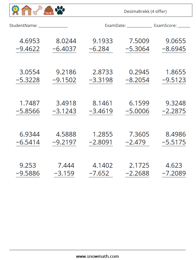 (25) Desimaltrekk (4 siffer) MathWorksheets 18