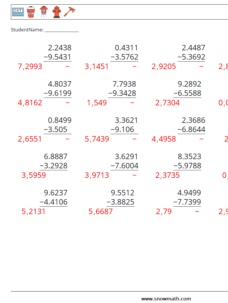 (25) Desimaltrekk (4 siffer) MathWorksheets 1 QuestionAnswer