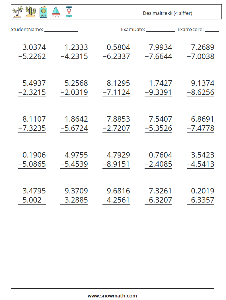 (25) Desimaltrekk (4 siffer) MathWorksheets 2