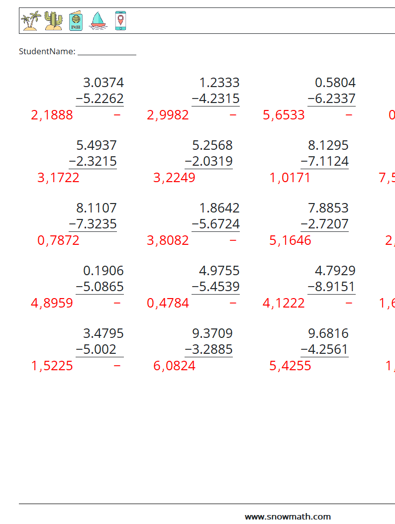 (25) Desimaltrekk (4 siffer) MathWorksheets 2 QuestionAnswer