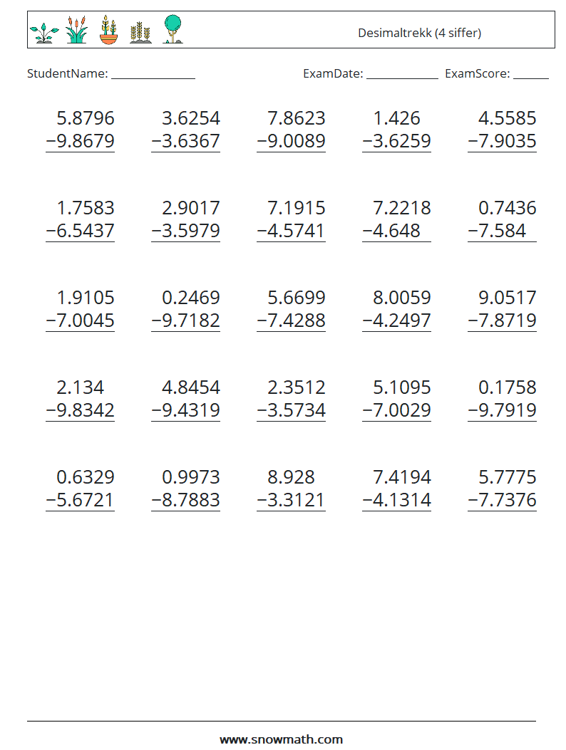 (25) Desimaltrekk (4 siffer) MathWorksheets 3