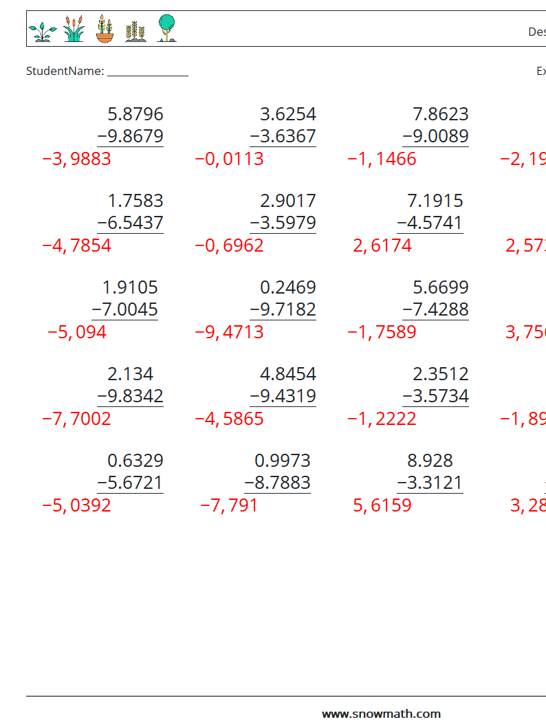 (25) Desimaltrekk (4 siffer) MathWorksheets 3 QuestionAnswer