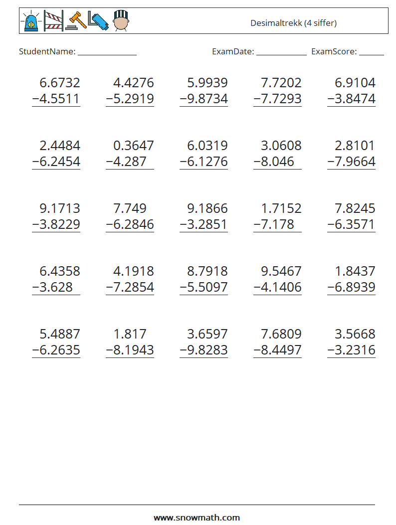 (25) Desimaltrekk (4 siffer) MathWorksheets 4