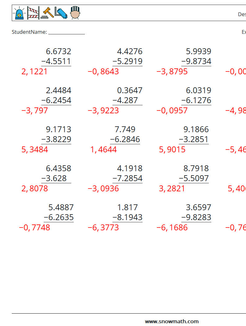 (25) Desimaltrekk (4 siffer) MathWorksheets 4 QuestionAnswer