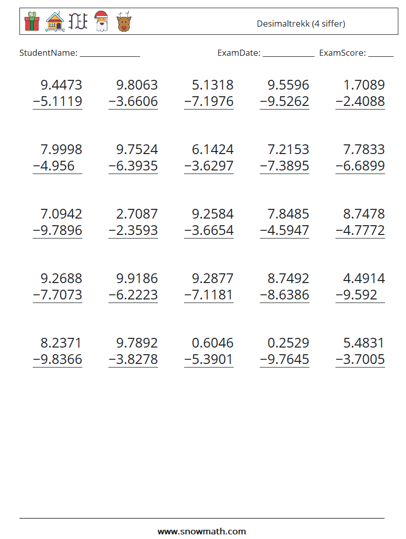 (25) Desimaltrekk (4 siffer) MathWorksheets 5