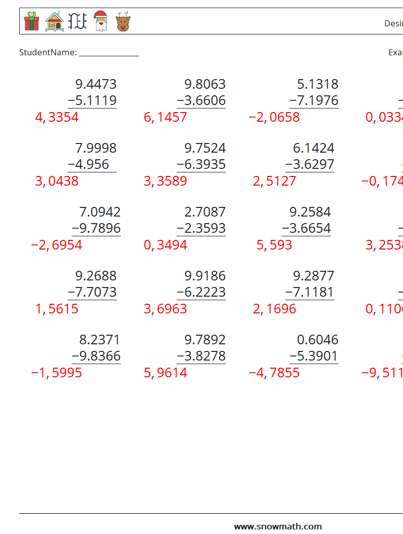 (25) Desimaltrekk (4 siffer) MathWorksheets 5 QuestionAnswer